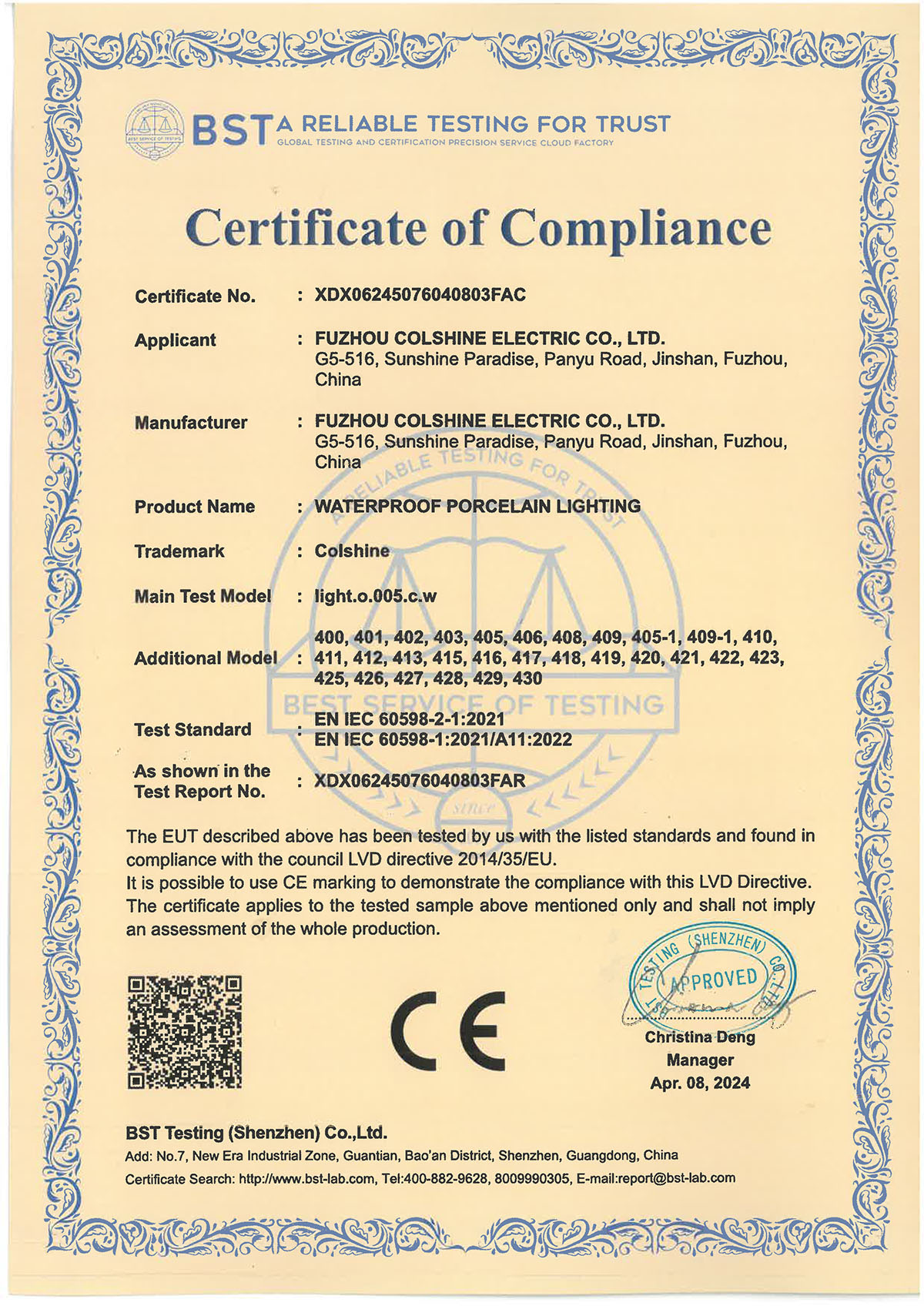 CE for Sauna Lamp