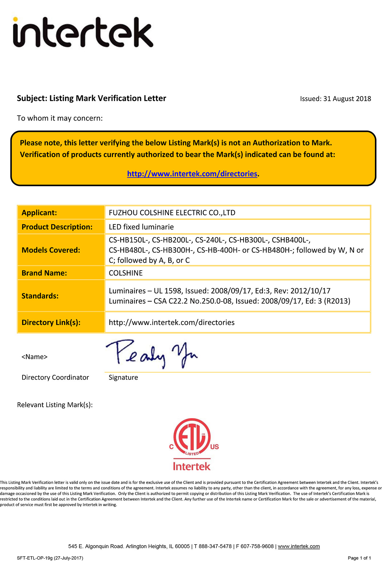 ETL for LED high bay lights